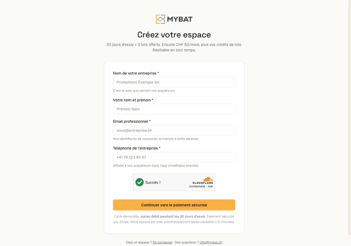 Formulaire de création d’espace MyBat