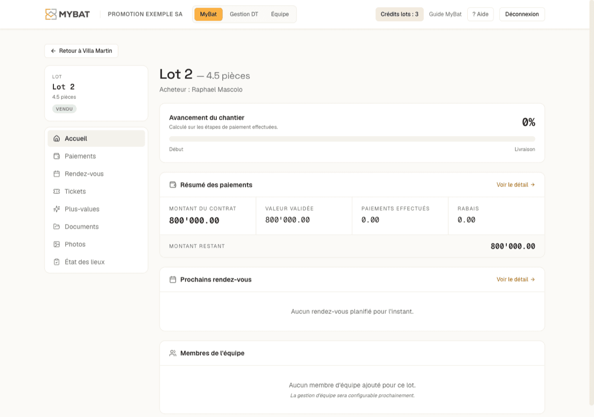 Fiche d’un lot dans le dashboard MyBat