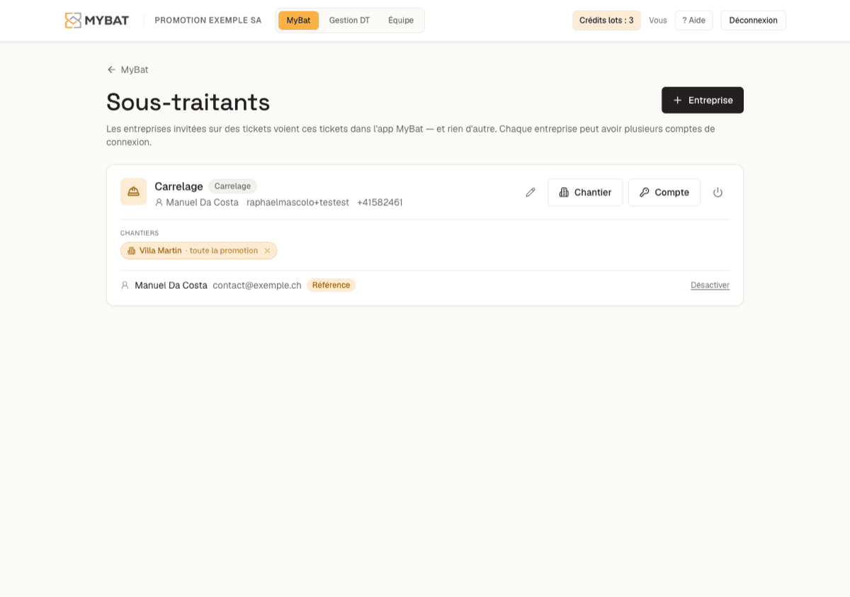 Gestion des sous-traitants dans le dashboard