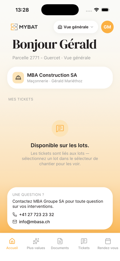 Accueil sous-traitant de l'app MyBat