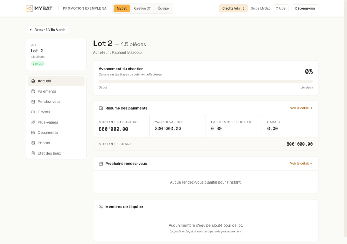 Fiche de lot dans le véritable dashboard MyBat